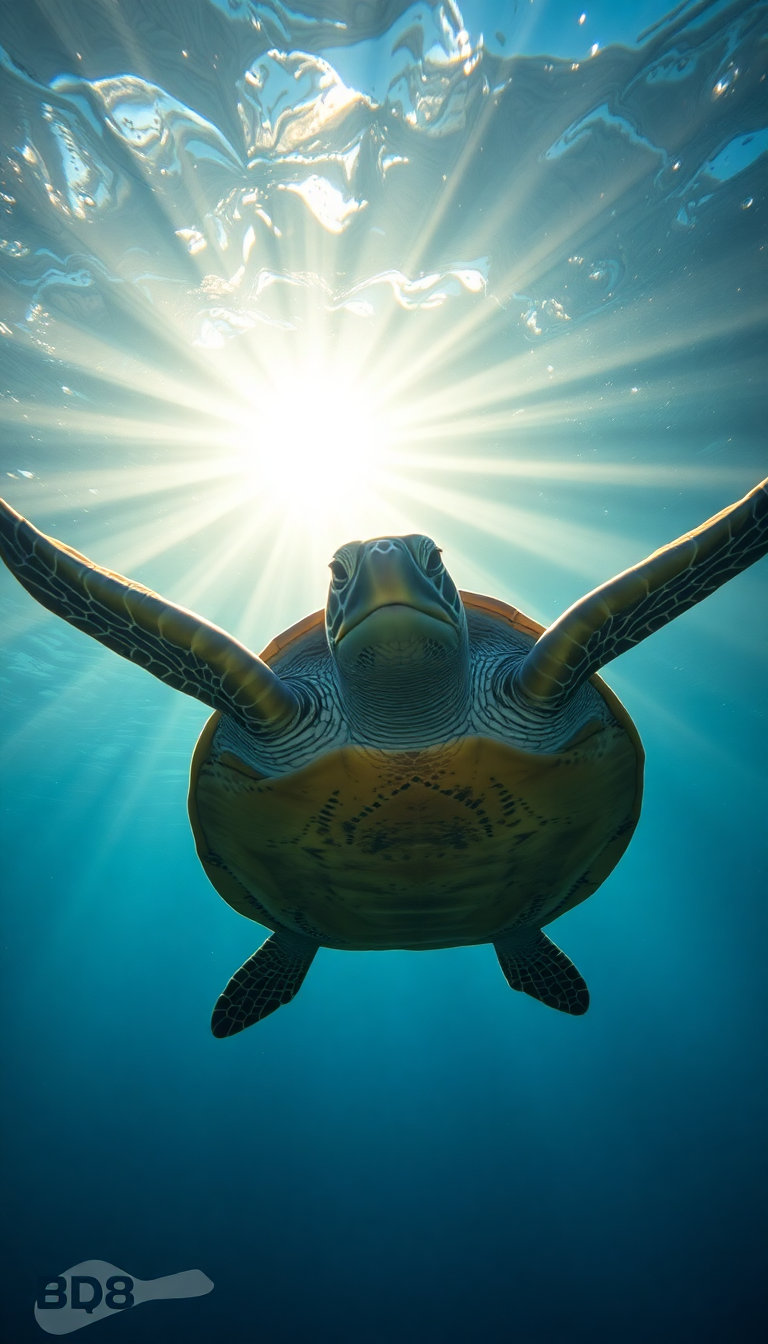 Sea Turtle Swimming Sunbeams Underwater Photorealistic Wallpaper