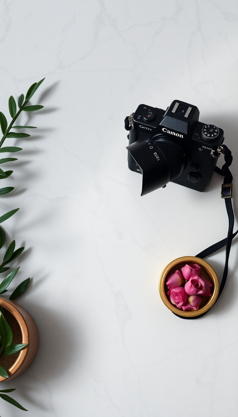 Film Camera On Marble Flatlay Photorealistic Wallpaper