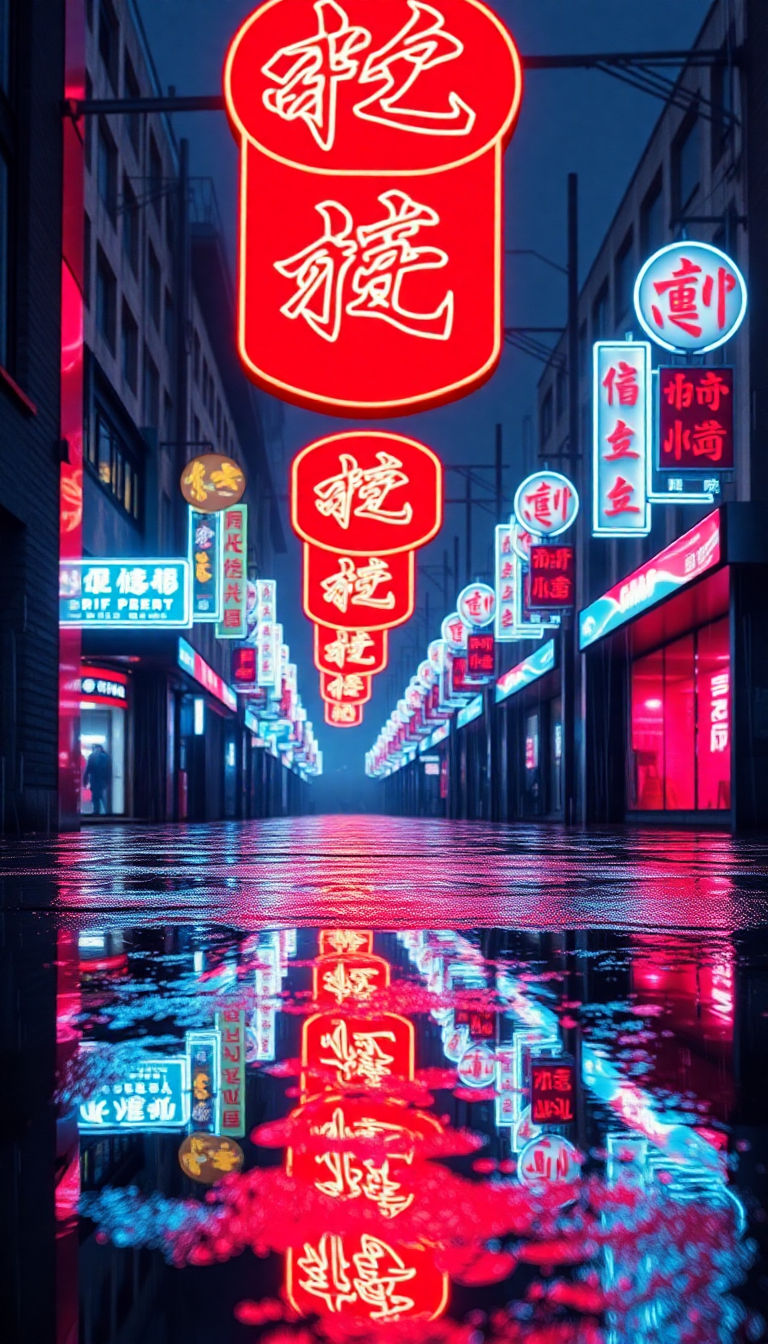 Neon Signs Chinese Characters Rain Digital art Wallpaper