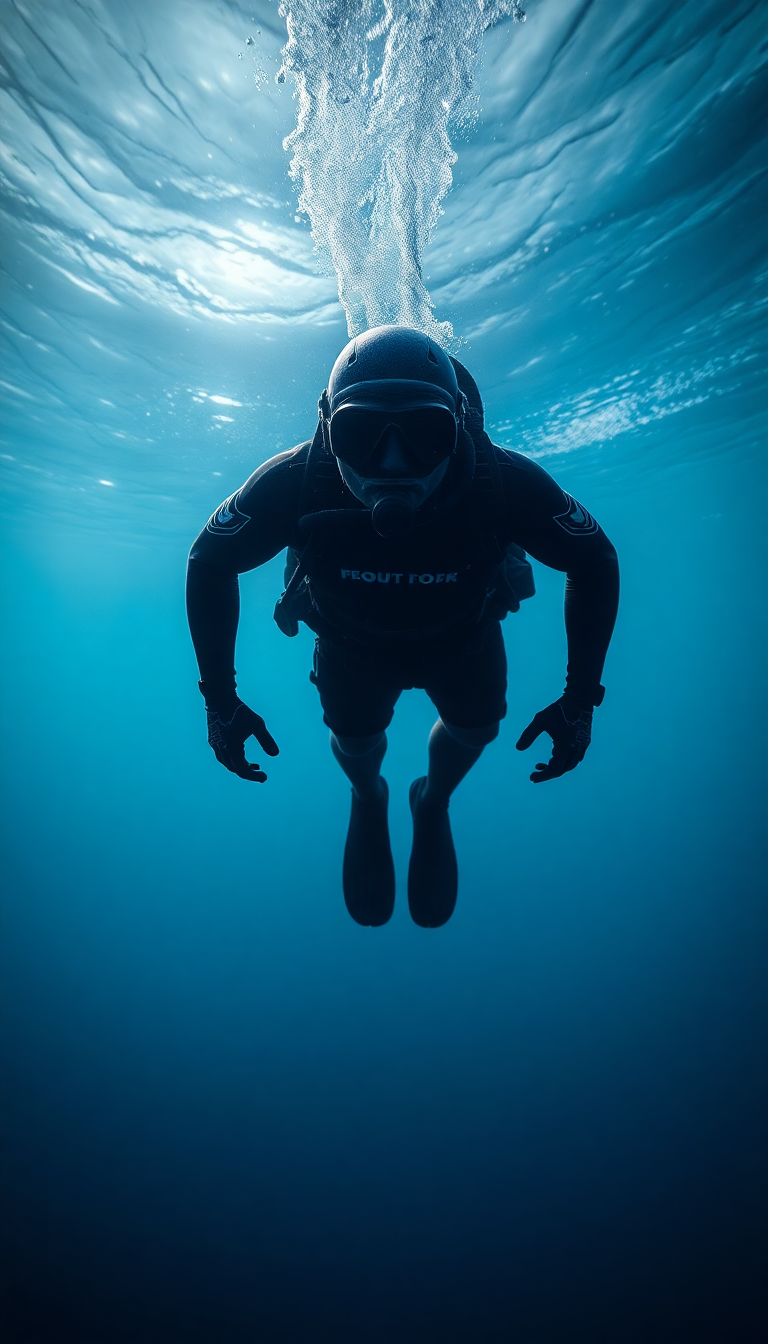 Freediver Descending Into Deep Blue Photorealistic Wallpaper