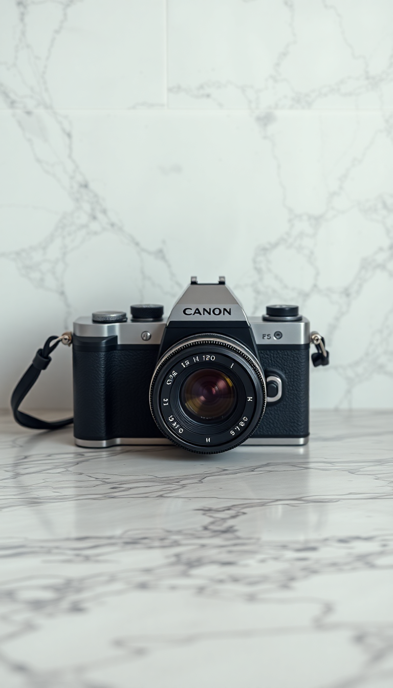 Film Camera On Marble Flatlay Photorealistic Wallpaper