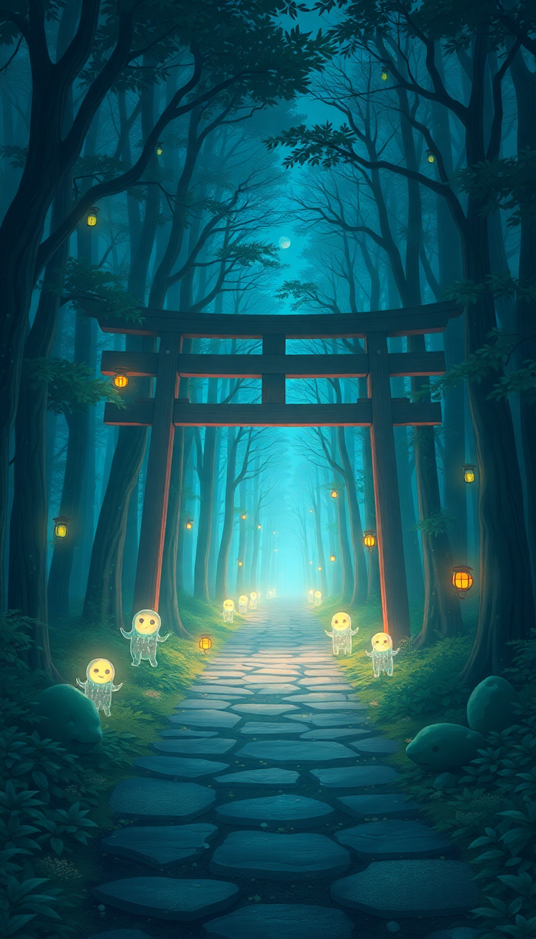 Spirit Forest Glowing Creatures Torii Anime Wallpaper