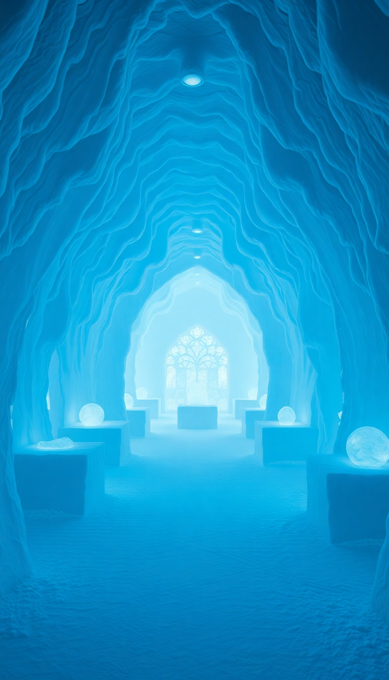 Ice Hotel Interior Frozen Sculptures Photorealistic Wallpaper