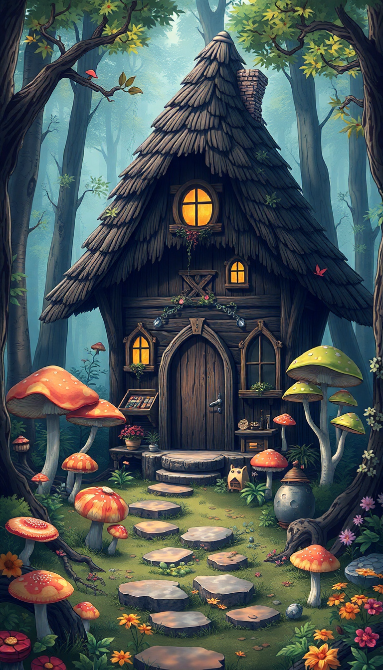 Witch Cottage In Forest Mushrooms Anime Wallpaper
