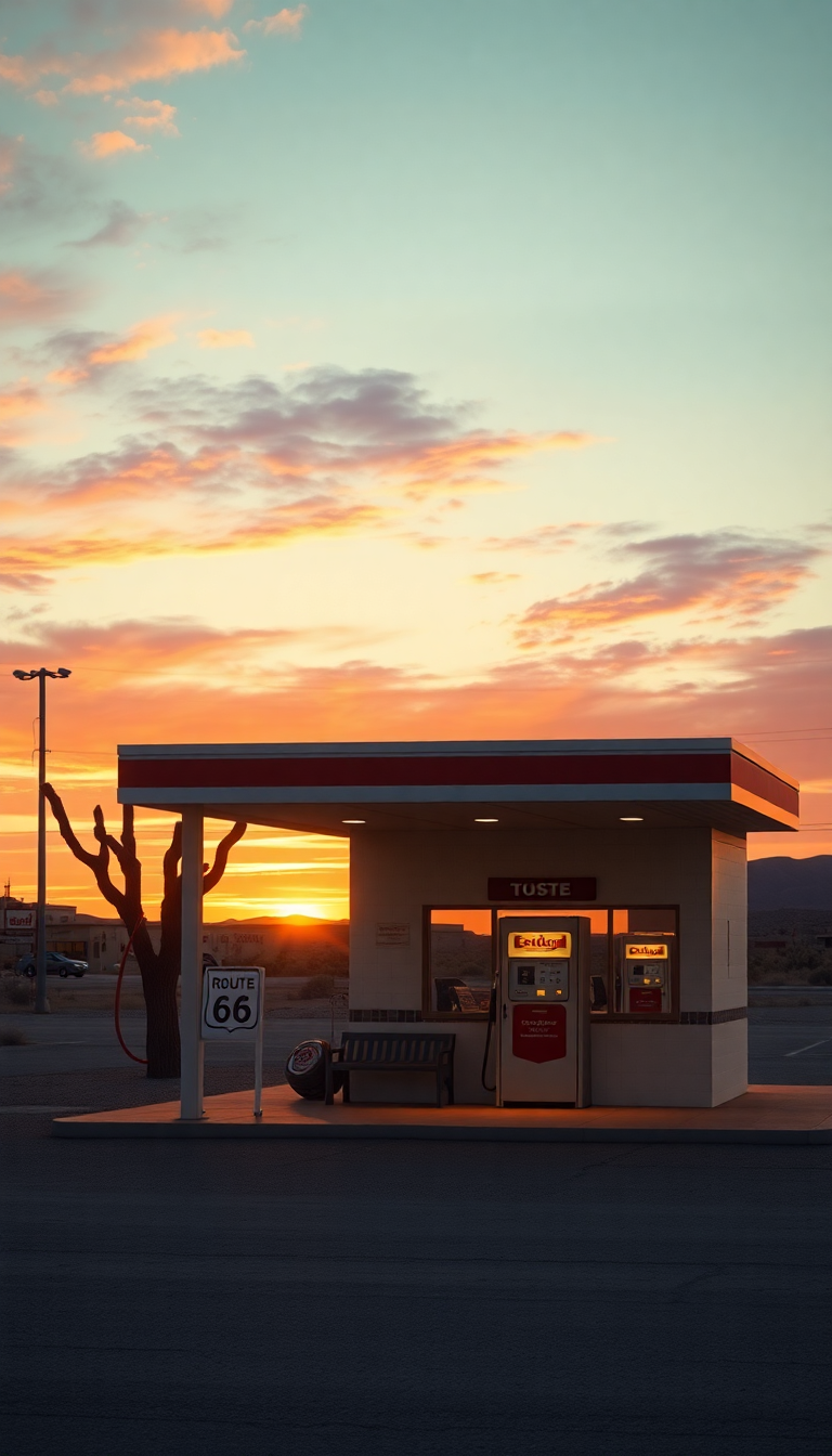 Old Gas Station Desert Route Photorealistic Wallpaper