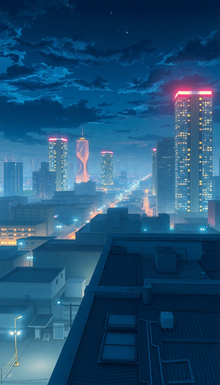 Rooftop At Night City Lights Anime Wallpaper