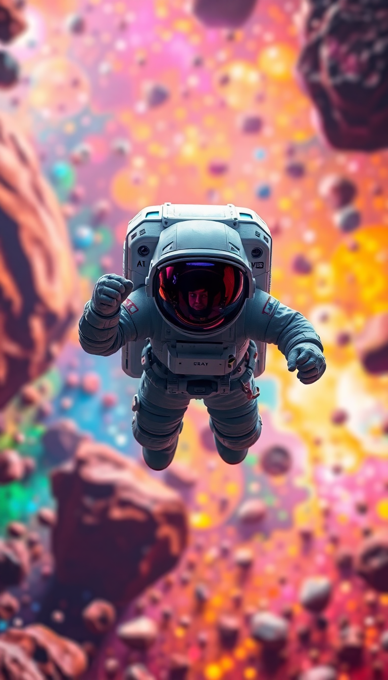 Astronaut Floating Through Colorful Asteroid Digital art Wallpaper