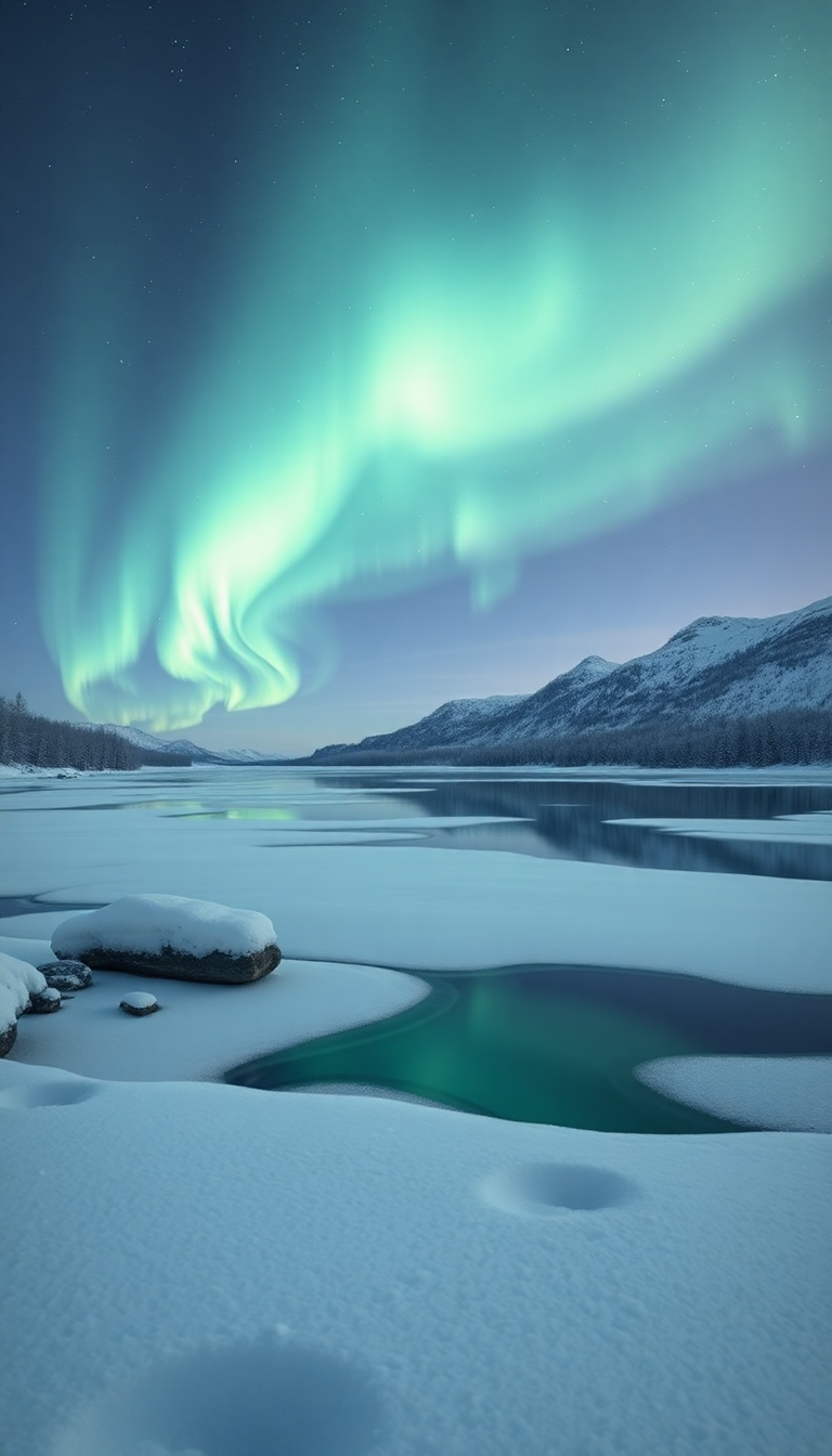 Winter Northern Lights Over Frozen Photorealistic Wallpaper