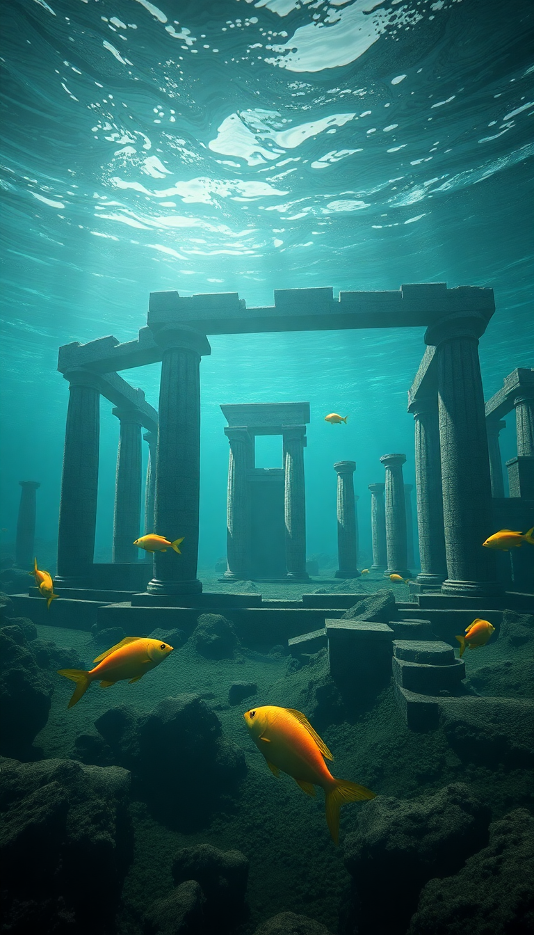 Sunken Ancient Temple Fish Swimming Digital art Wallpaper