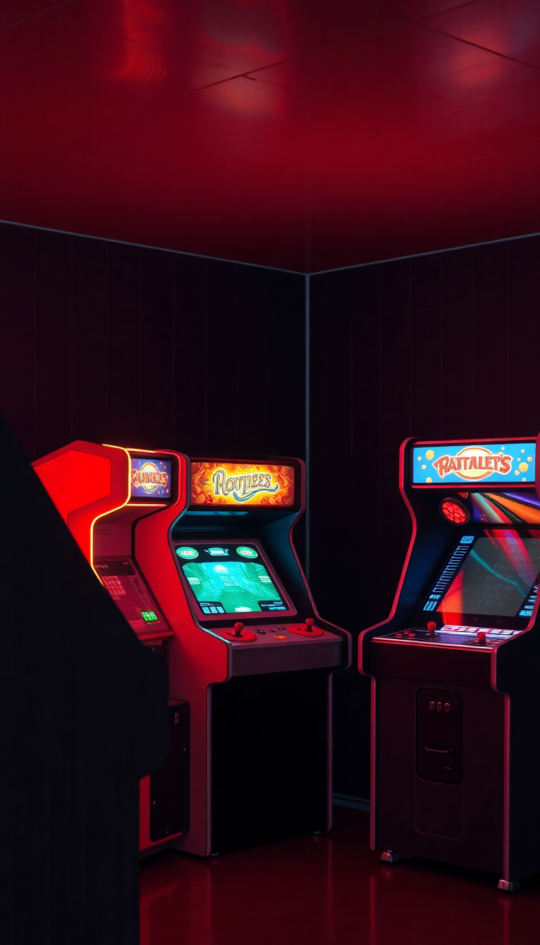 Old Arcade Machines Dark Room Photorealistic Wallpaper