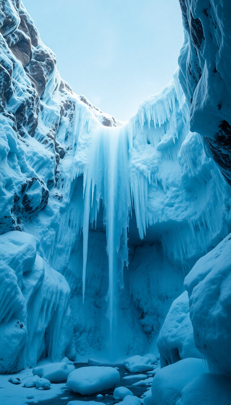 Frozen Waterfall Ice Formations Winter Photorealistic Wallpaper
