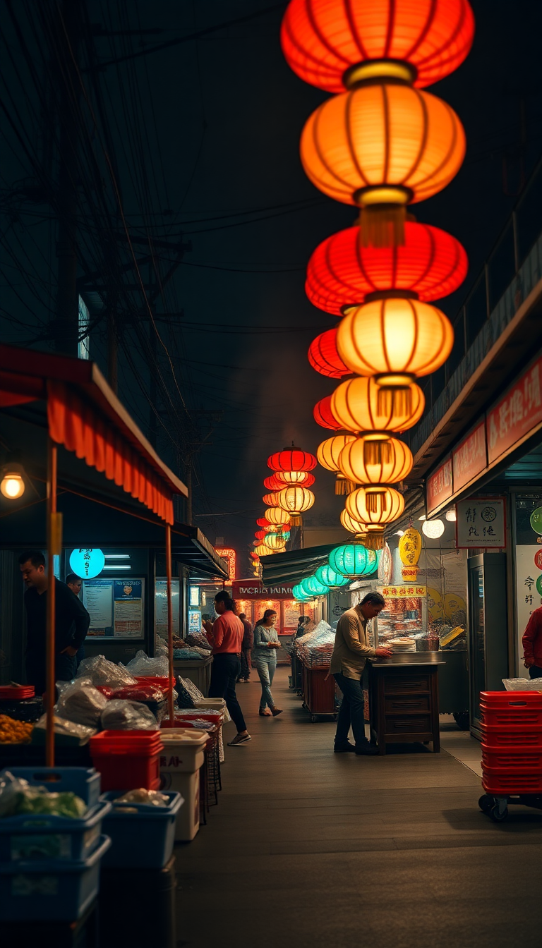 Night Market Street Food Stalls Photorealistic Wallpaper