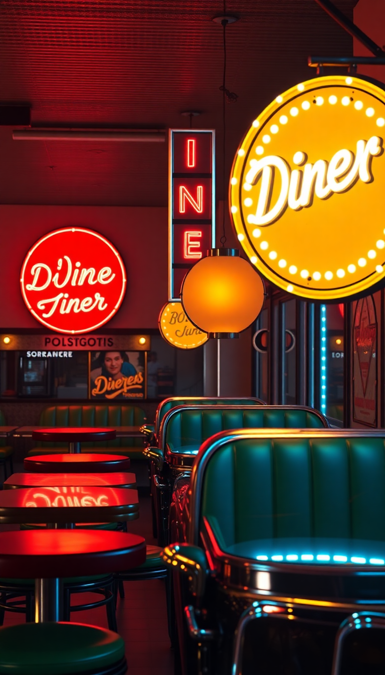 Retro Diner Neon Signs Chrome Photorealistic Wallpaper