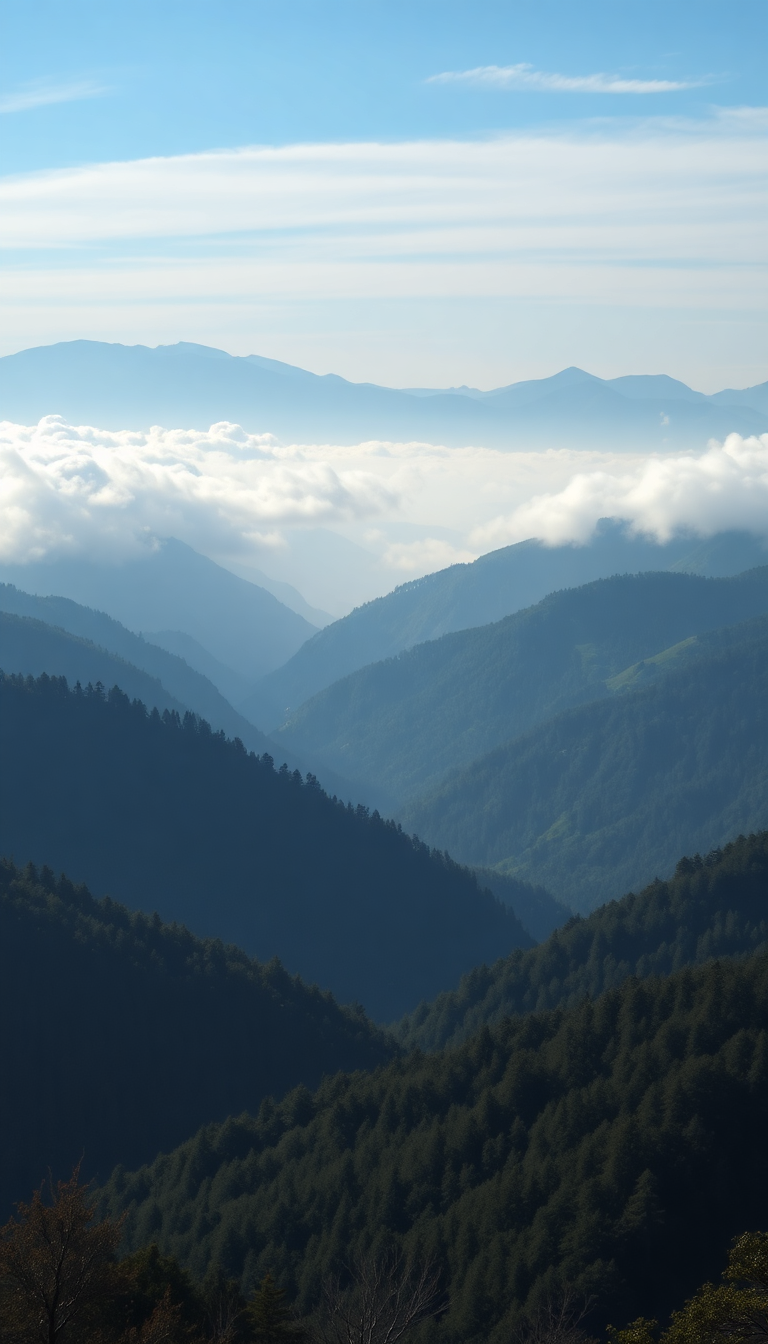 Fog Rolling Over Mountains Valley Photorealistic Wallpaper