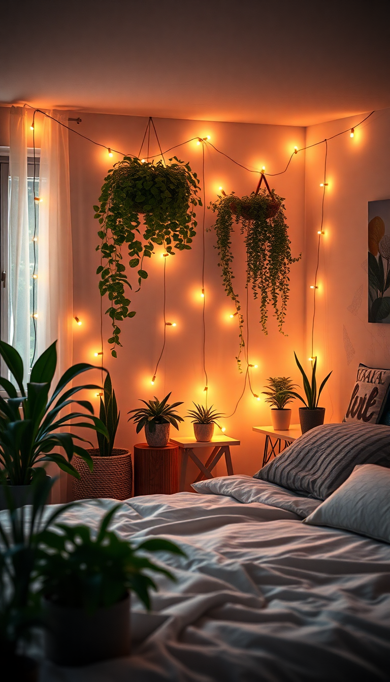 Indie Bedroom Fairy Lights Plants Photorealistic Wallpaper