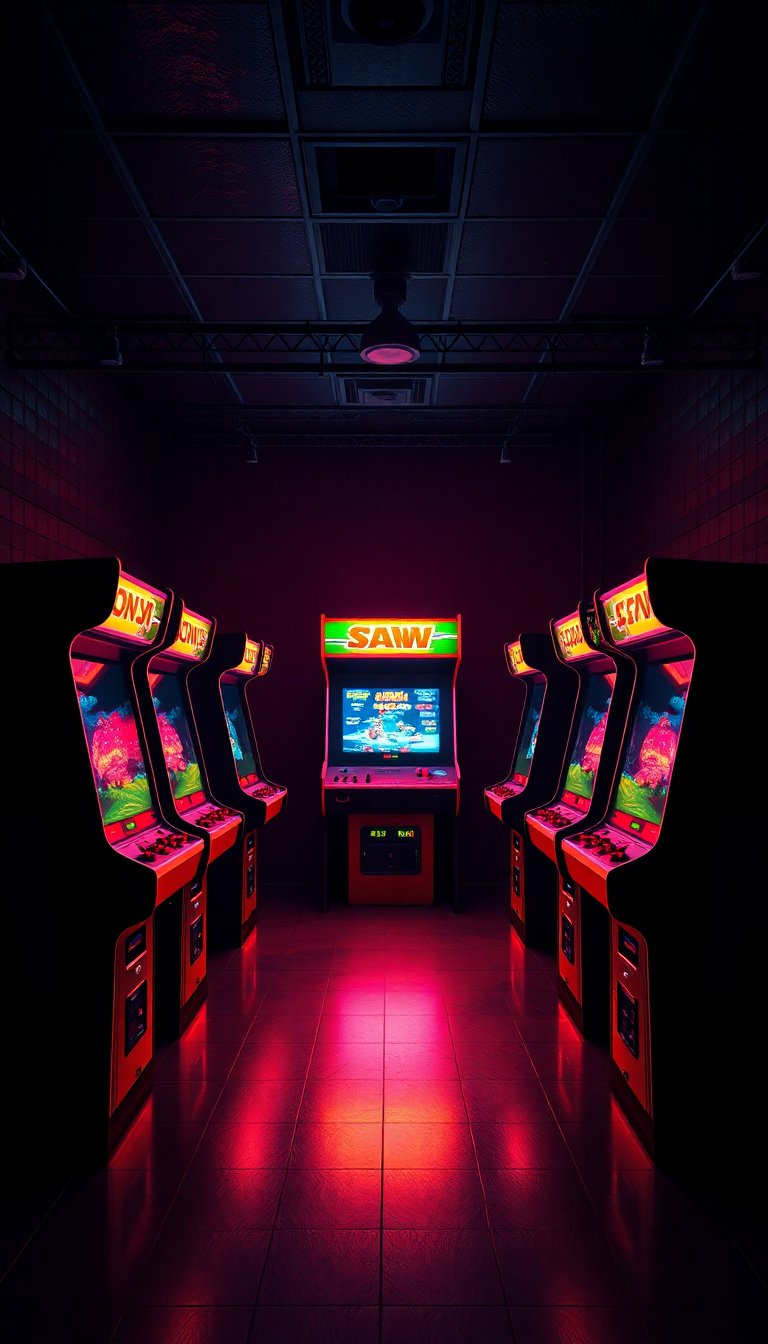 Old Arcade Machines Dark Room Photorealistic Wallpaper