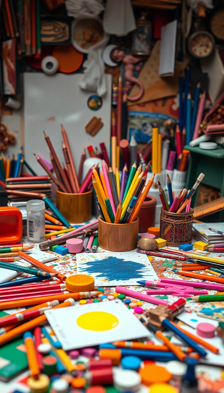 Art Supplies Scattered Creative Mess Photorealistic Wallpaper