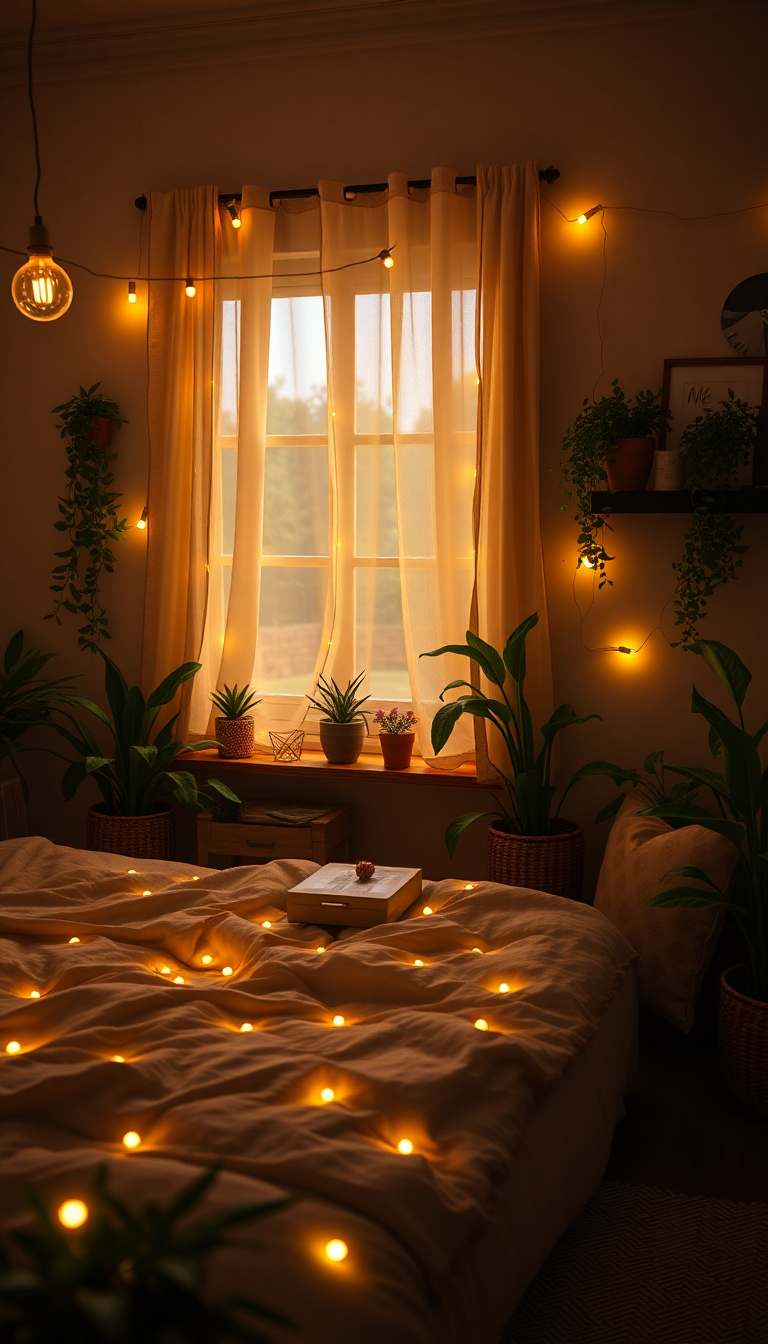 Indie Bedroom Fairy Lights Plants Photorealistic Wallpaper