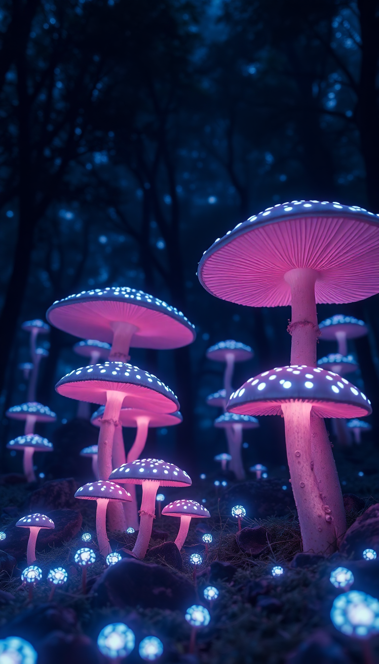 Bioluminescent Mushroom Forest At Night Photorealistic Wallpaper