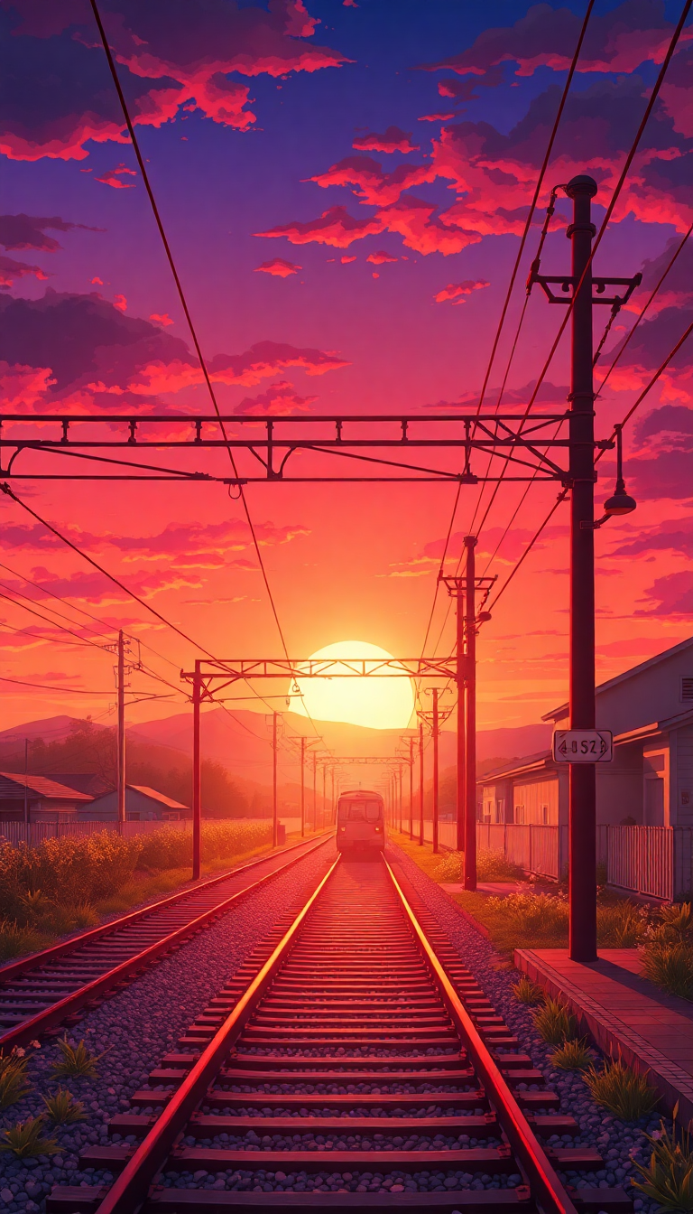 Train Crossing Rural Japan Sunset Anime Wallpaper