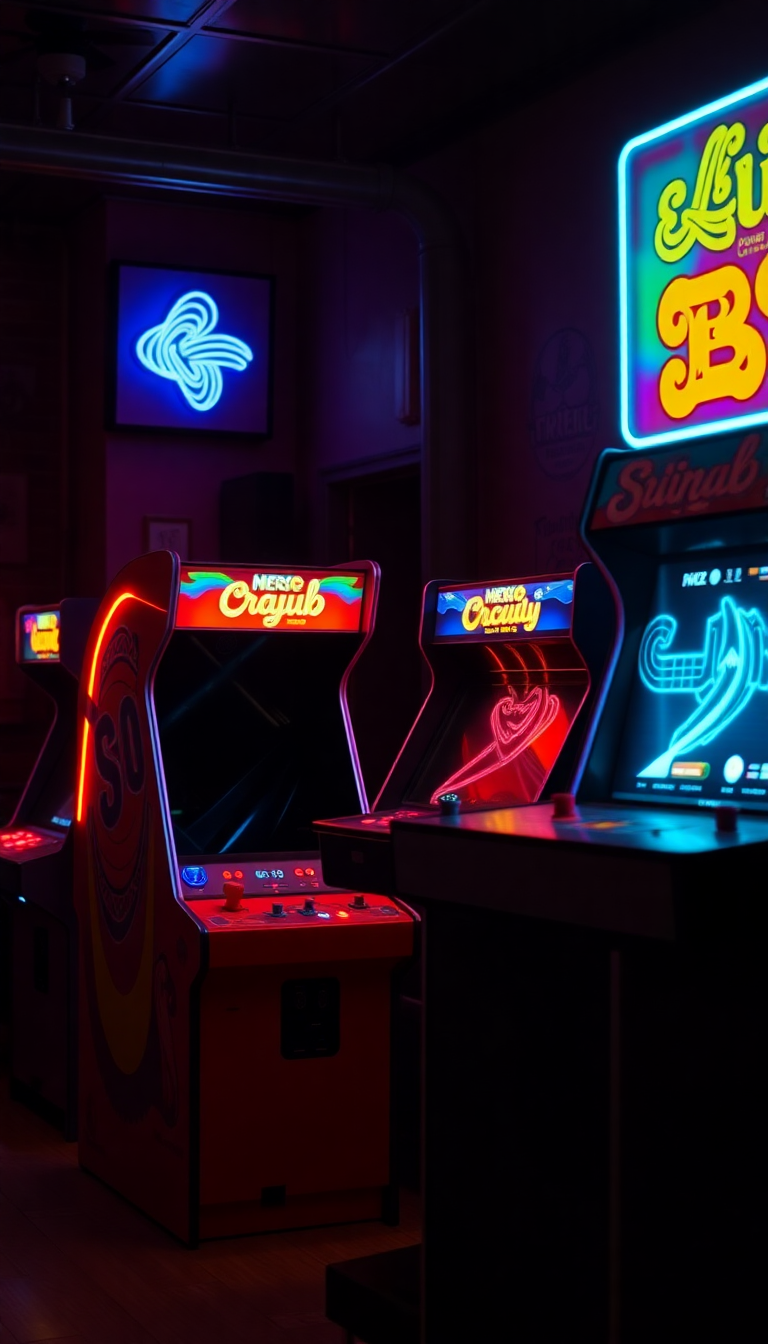 Old Arcade Machines Dark Room Photorealistic Wallpaper
