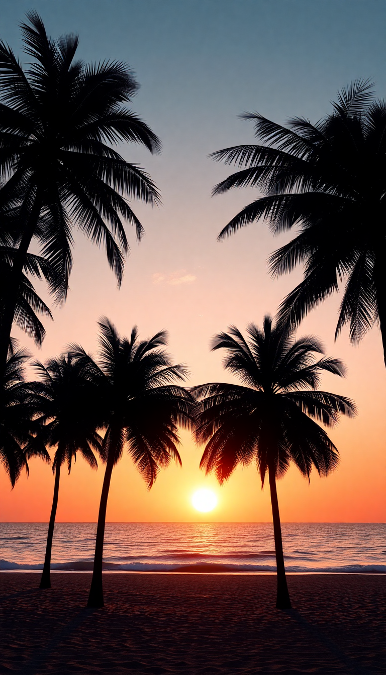 Summer Sunset Beach Silhouette Palm Photorealistic Wallpaper