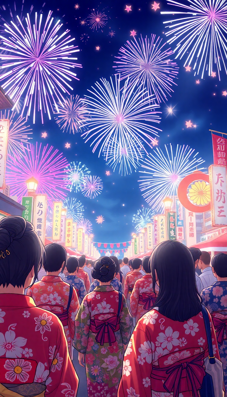 Summer Festival Fireworks Yukata Crowd Anime Wallpaper
