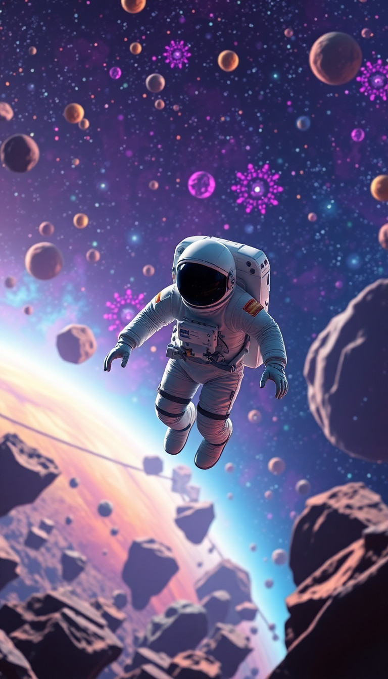Astronaut Floating Through Colorful Asteroid Digital art Wallpaper