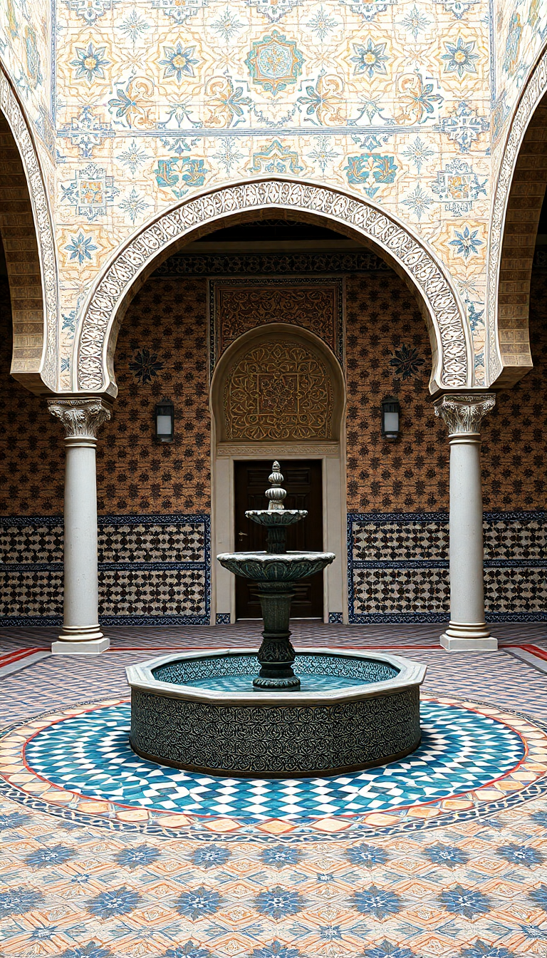 Moroccan Courtyard Tiles Fountain Mosaic Photorealistic Wallpaper