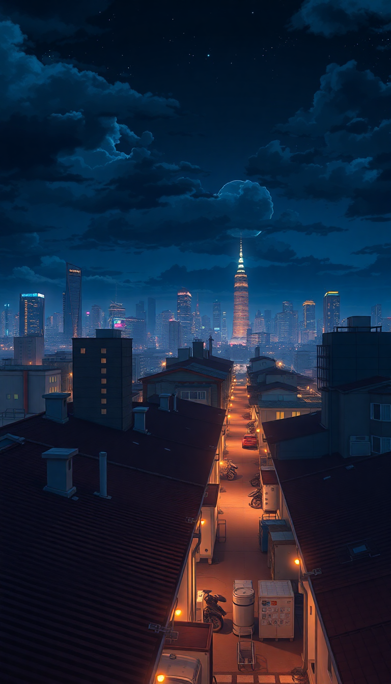 Rooftop At Night City Lights Anime Wallpaper