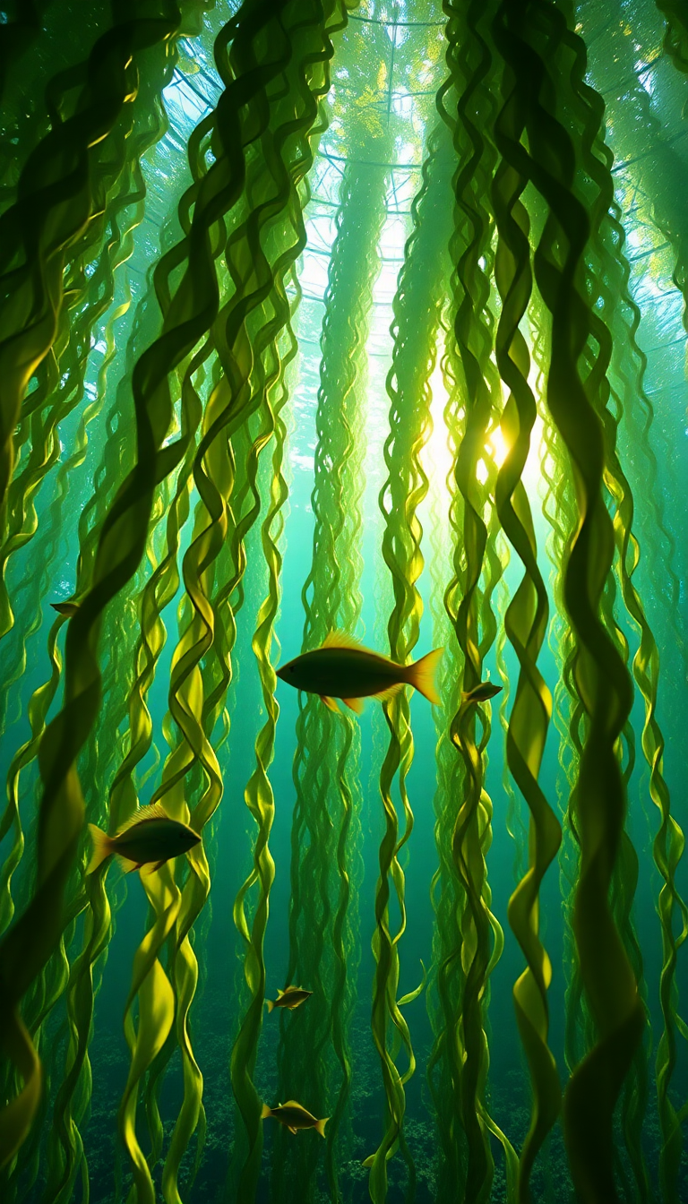 Underwater Forest Kelp Swaying Fish Photorealistic Wallpaper
