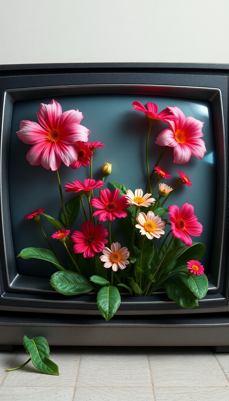 Flowers Growing From Old Television Digital art Wallpaper