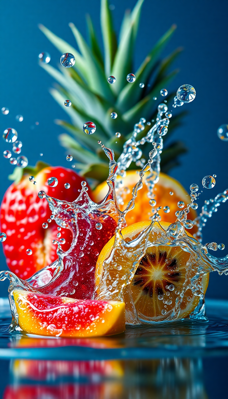 Tropical Fruit Splash Water Droplets Photorealistic Wallpaper