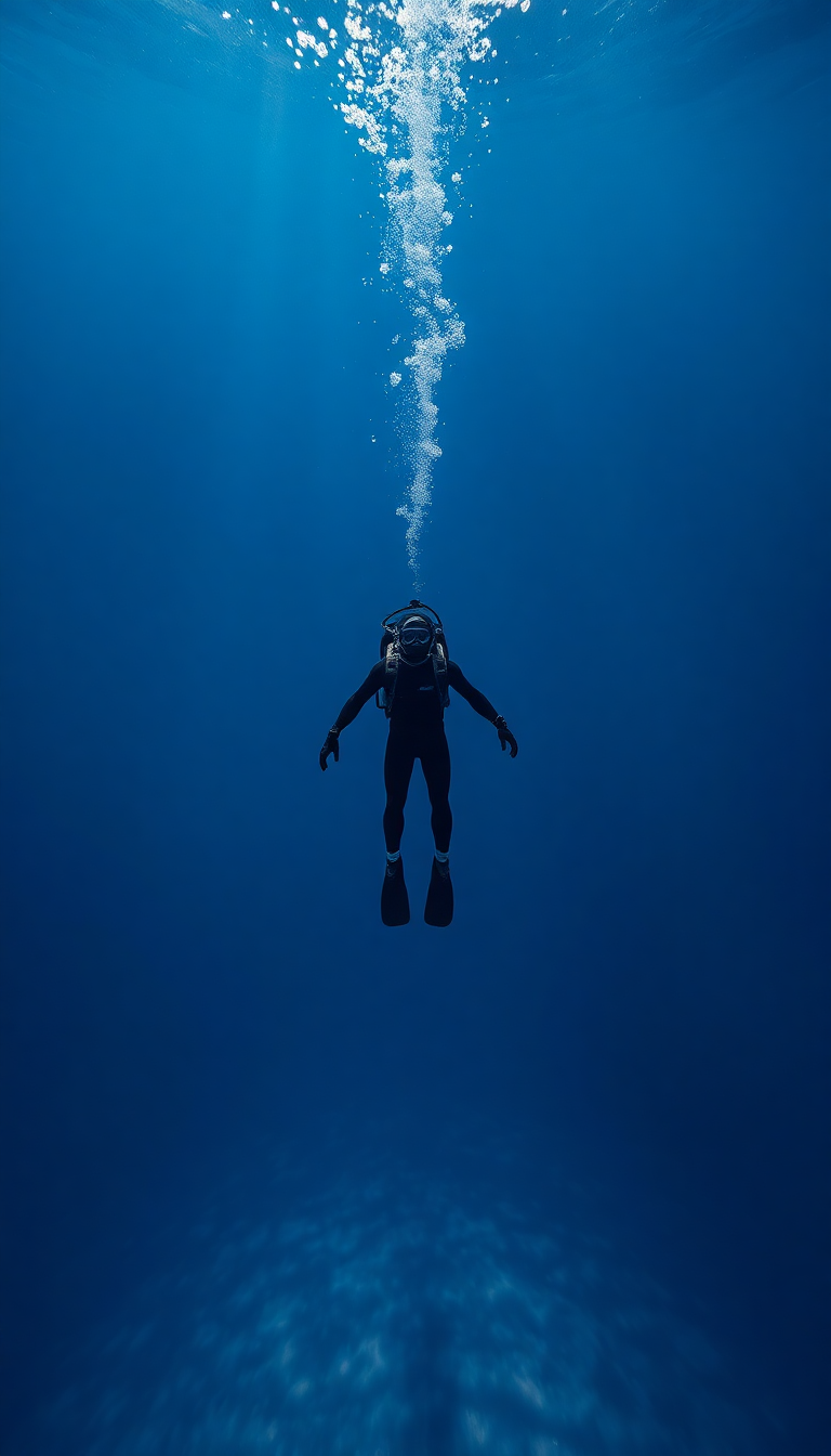 Freediver Descending Into Deep Blue Photorealistic Wallpaper