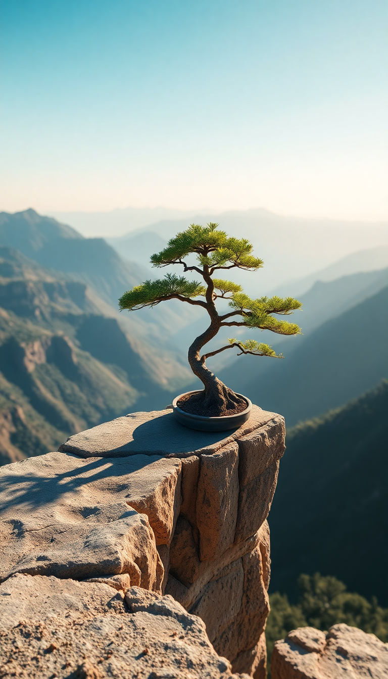 Bonsai Tree On Cliff Edge Minimalist Wallpaper