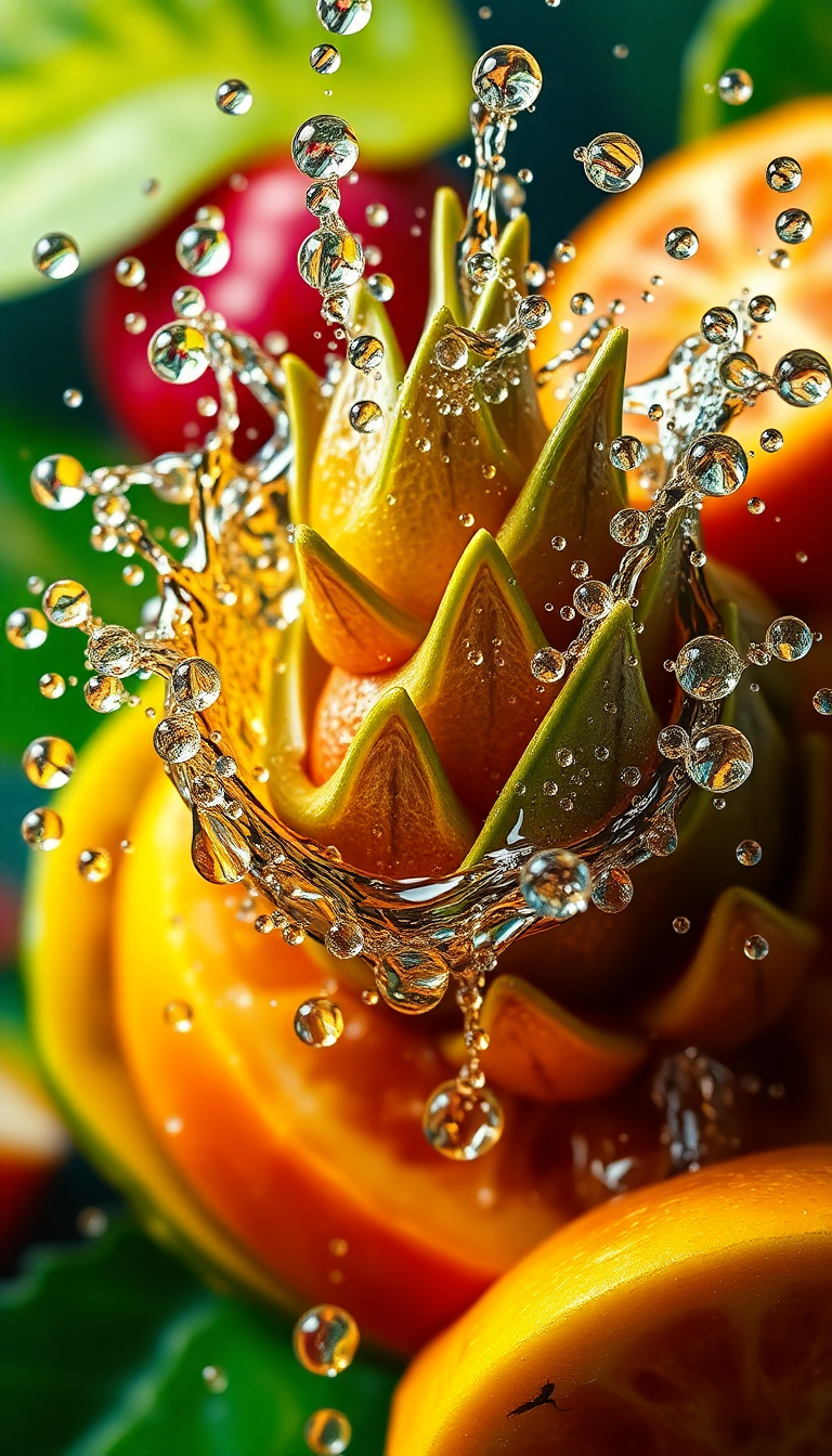 Tropical Fruit Splash Water Droplets Photorealistic Wallpaper