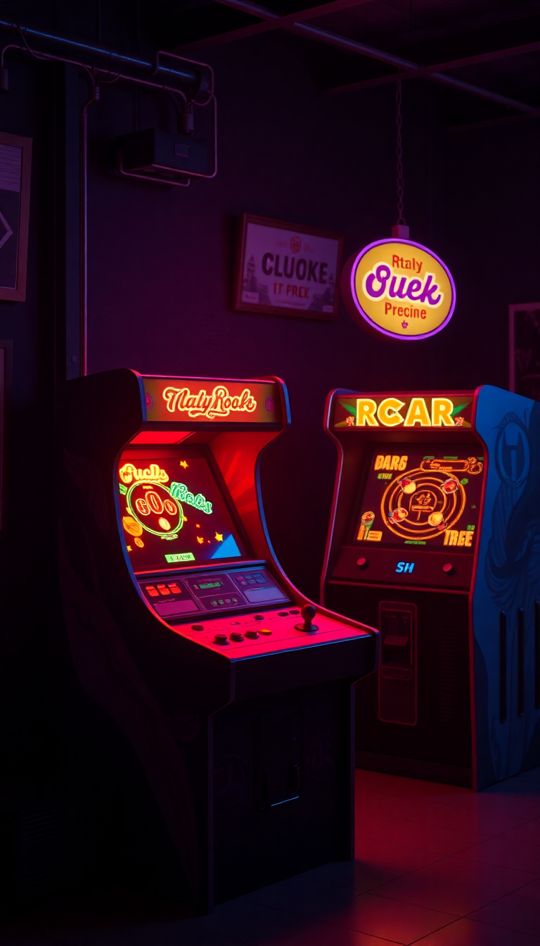 Old Arcade Machines Dark Room Photorealistic Wallpaper