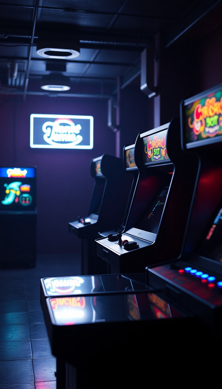 Old Arcade Machines Dark Room Photorealistic Wallpaper