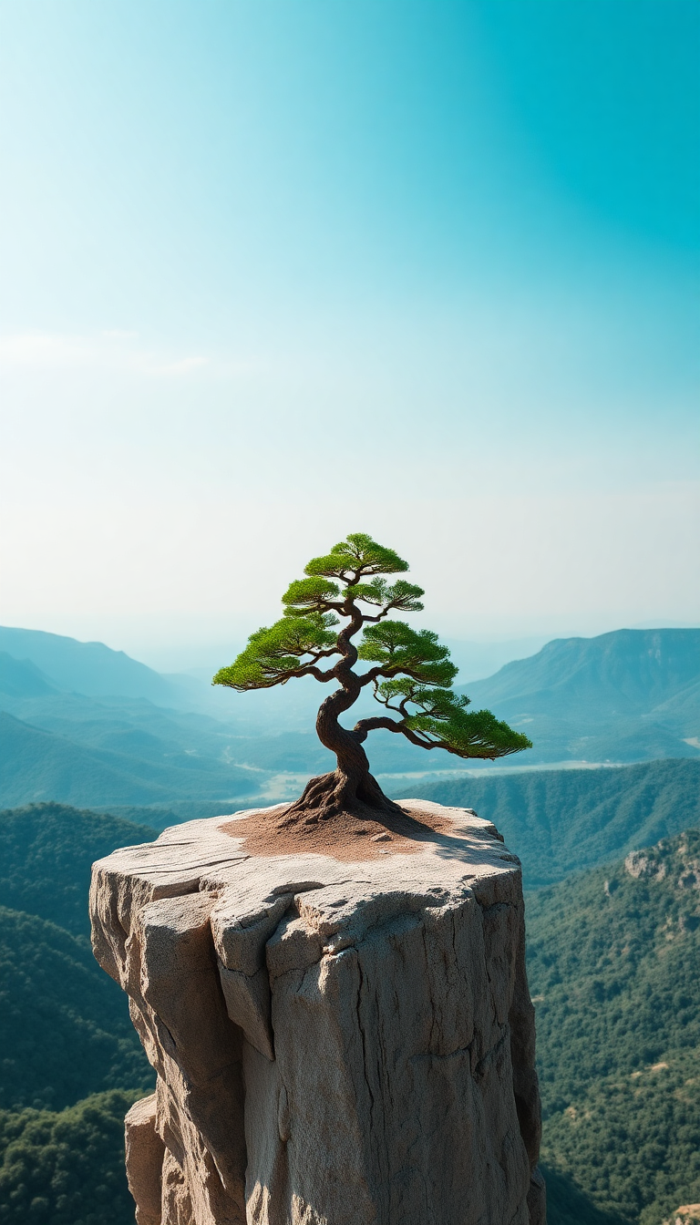 Bonsai Tree On Cliff Edge Minimalist Wallpaper
