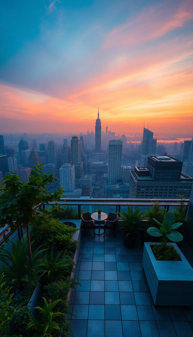 Rooftop Garden Oasis Above City Photorealistic Wallpaper