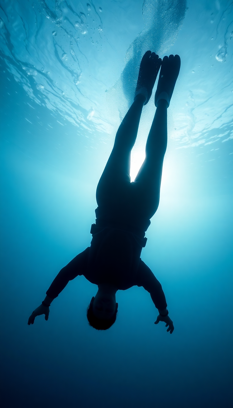 Freediver Descending Into Deep Blue Photorealistic Wallpaper