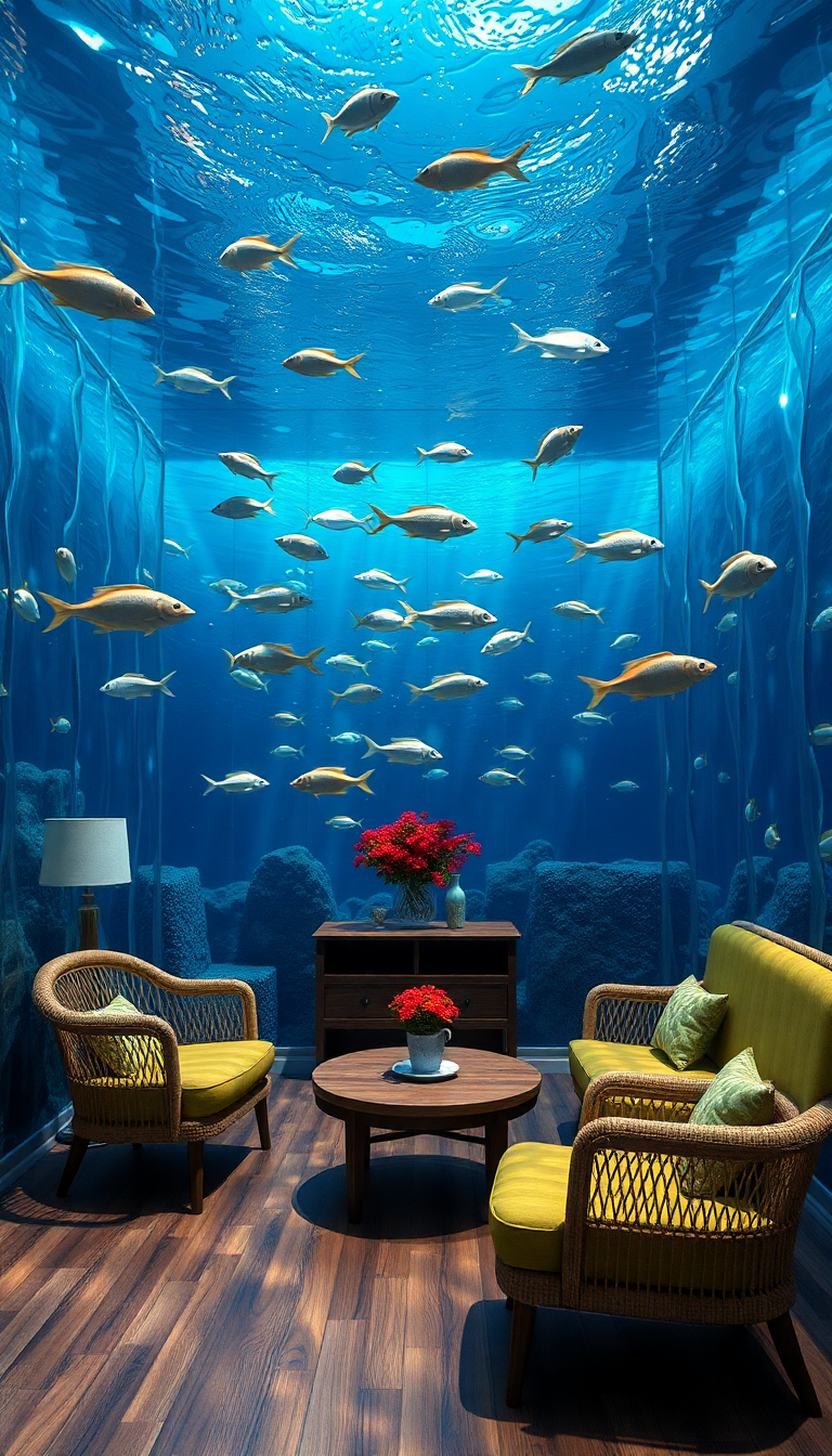 Room Underwater Furniture Floating Fish Digital art Wallpaper