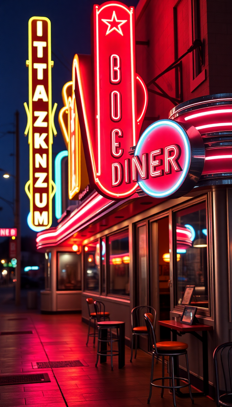 Retro Diner Neon Signs Chrome Photorealistic Wallpaper