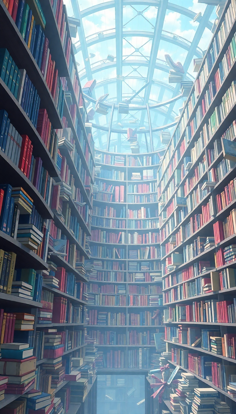 Magical Library Infinite Bookshelves Floating Anime Wallpaper