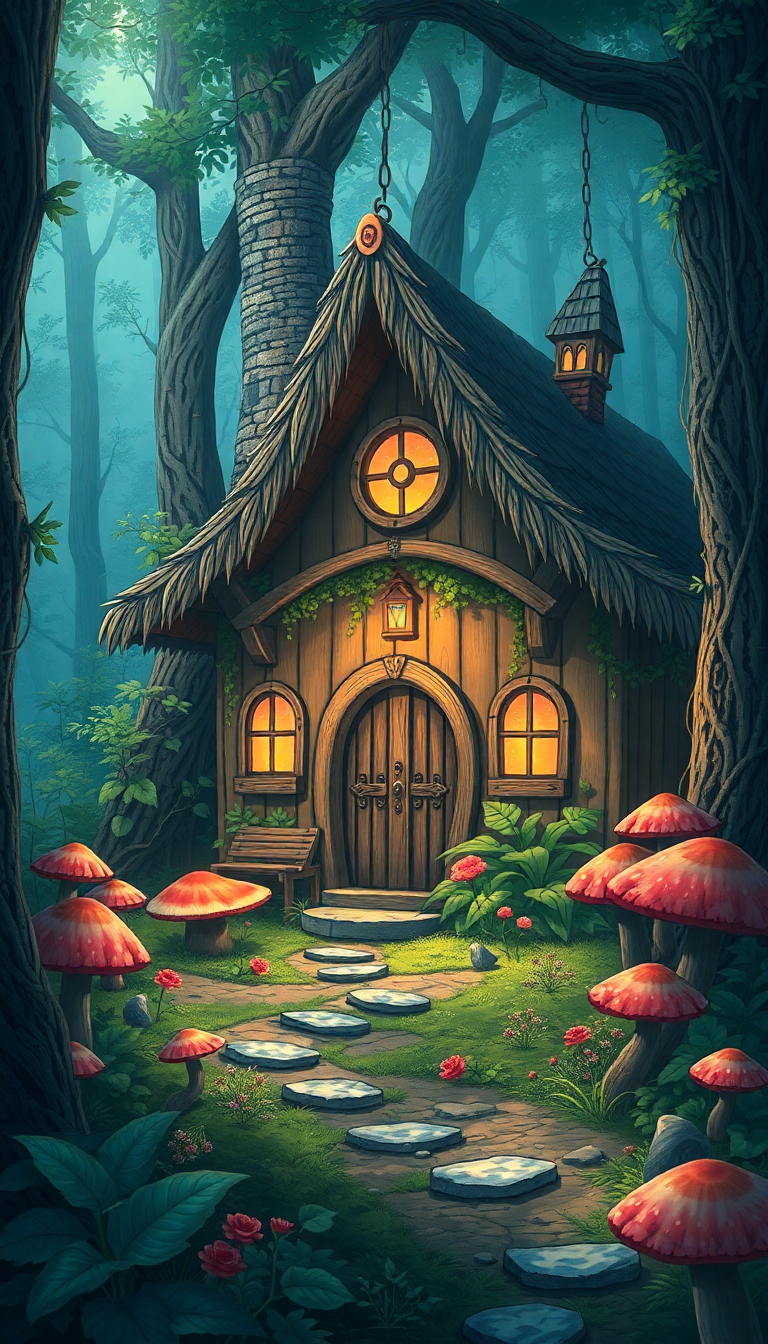 Witch Cottage In Forest Mushrooms Anime Wallpaper