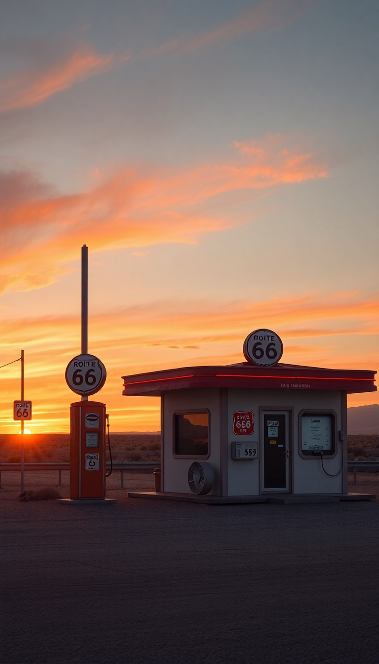Old Gas Station Desert Route Photorealistic Wallpaper