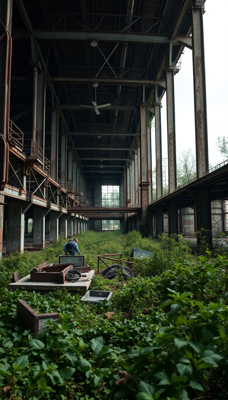 Abandoned Factory Nature Reclaiming Industrial Photorealistic Wallpaper