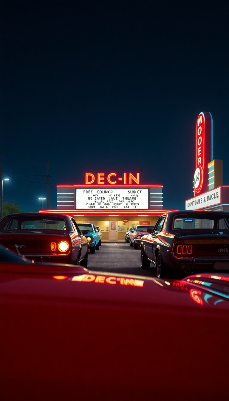 Drive-in Movie Theater Night Classic Photorealistic Wallpaper