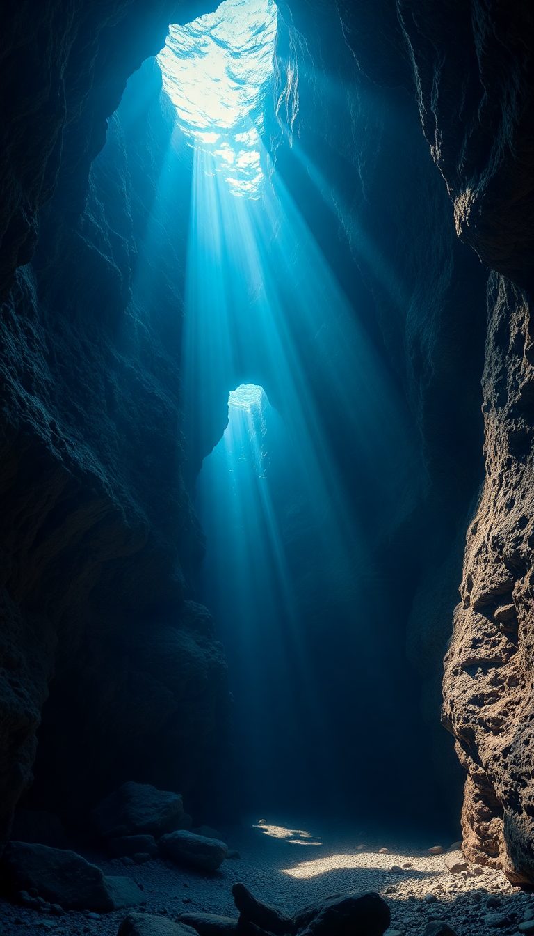 Underwater Cave Entrance Light Streaming Photorealistic Wallpaper