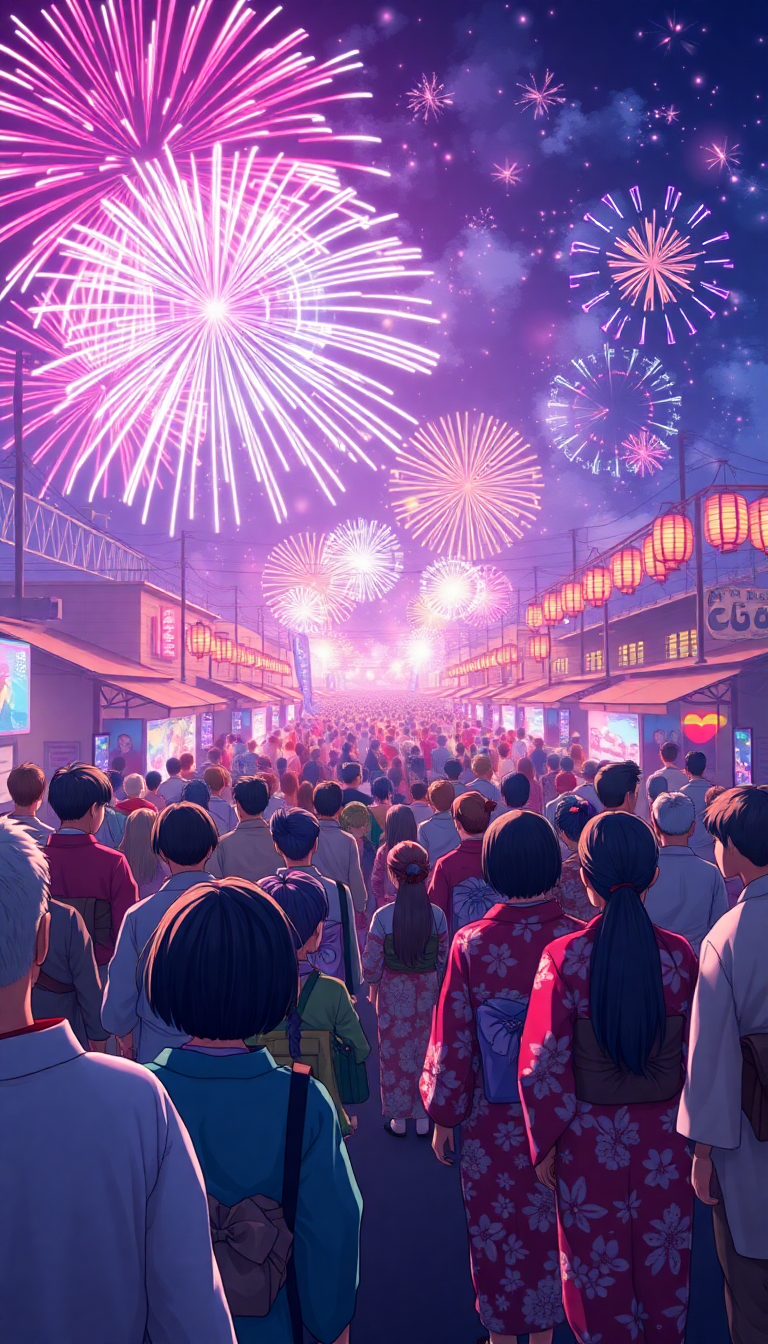 Summer Festival Fireworks Yukata Crowd Anime Wallpaper